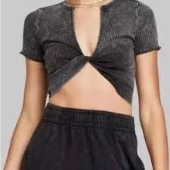 Wild Fable Women's Small Crop Top Black Ribbed Short Sleeve V-Neck Twist-Front - Picture 3 of 5